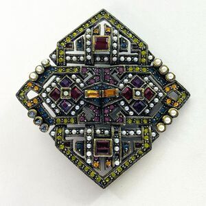 Heidi Daus Art Deco Style Colorful Rhinestone Faux Pearl Brooch Pendant Pin